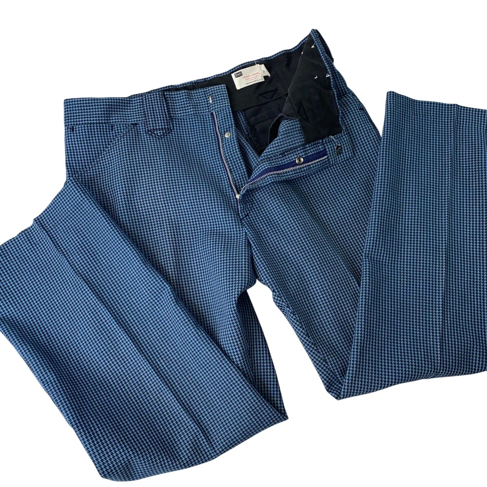 VTG 70s Sears Perma Prest Dress Pants Men 34x29 Blue Houndstooth Flared Talon 42